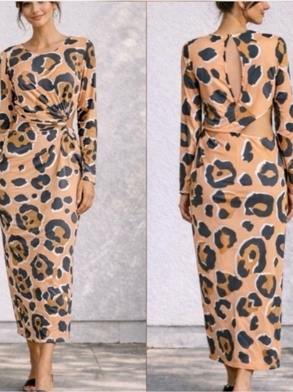 ASOS New Leopard Print Long Sleeve Cut Out Draped Ruched Chic Maxi Dress SZ 12